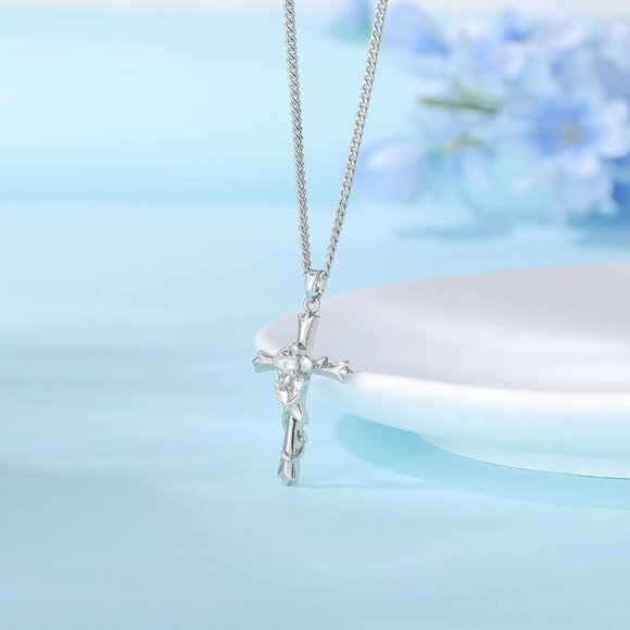 Cross Necklace for Women | Silver Faith Birthstone Cross Pendant with Birth Flow - Picture 3 of 7